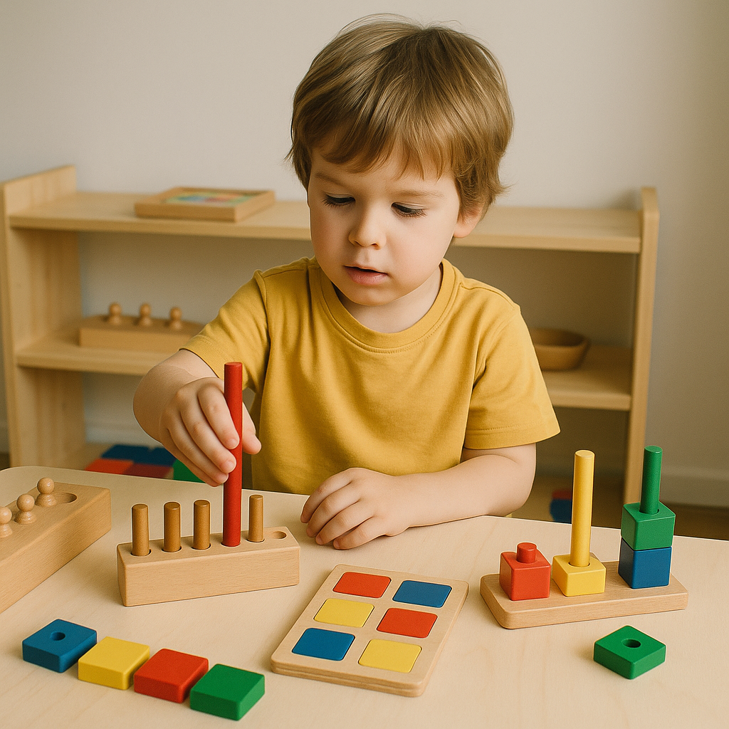 enfant de 5 ans jouant avec des jeux montessori en bois