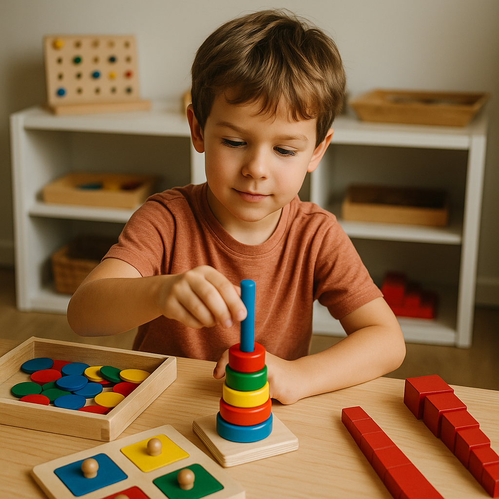 enfant de 6 ans jouant avec des jeux montessori